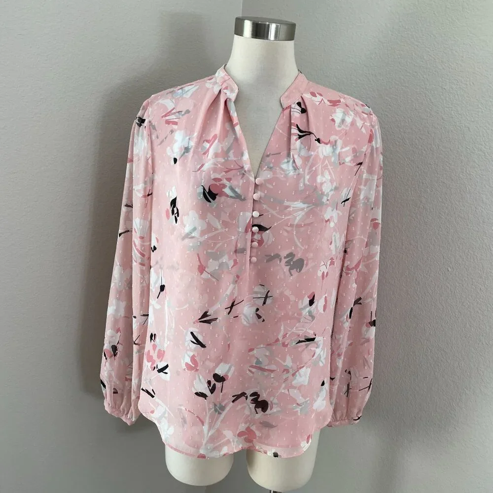 White House Black Market Womens 14 Petite Floral Blouse Long Sleeve V Neck Pink